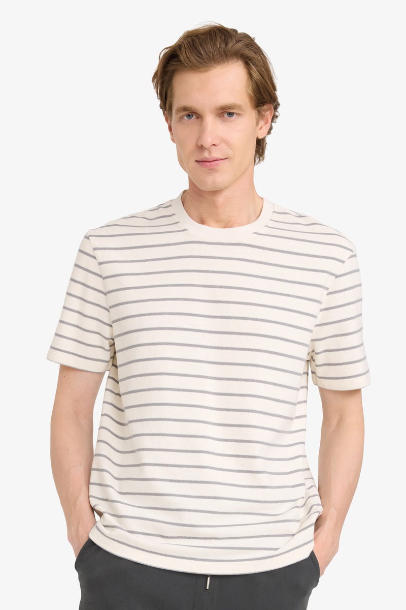 DeFacto Grey Man Crew Neck Striped Short Sleeve T-Shirt Casual - Image 1